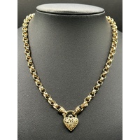 Ladies 9ct Yellow Gold Round Belcher Link Heart Clasp Necklace