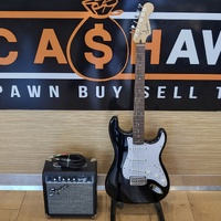 Squier Black Stratocaster Electric Guitar w/ Fender Frontman 10G Amp & Cable