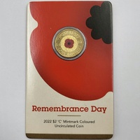 2022 $2 Red Poppy Remembrance Day C Mintmark Coloured UNC Coin Royal Australian Mint