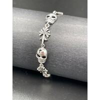 Unisex Sterling Silver Skull & Cross Bracelet (Brand New)