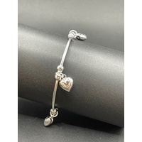 Ladies 925 Sterling Silver Cuff Bangle with Heart Charms (NEW)