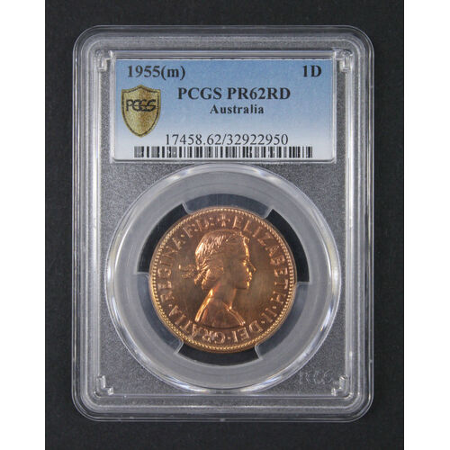 1955(m) PCGS PR62RD Australian Proof Penny Melbourne Mint Collectable Coin