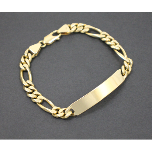 18K Solid Yellow Gold Figaro Link Chain Engravable Plaque ID Bracelet 37.1 Grams (Pre-owned)