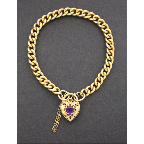Ladies 9K Solid Yellow Gold Chain Bracelet with Amethyst Heart Padlock (Pre-Owned)