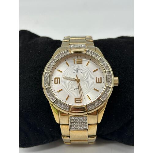 Elite Ladies Gold Tone Stone Set Watch Model 5080035 Fashion Timepiece