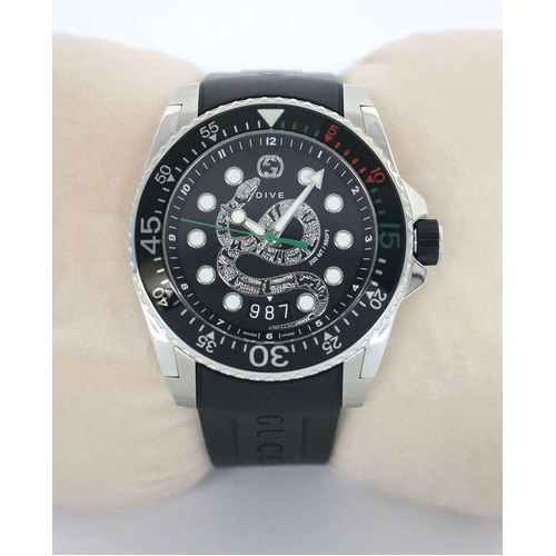 Gucci Kingsnake 45mm Dive Watch Steel Case Black Rubber Strap YA136217          (pre-owned)