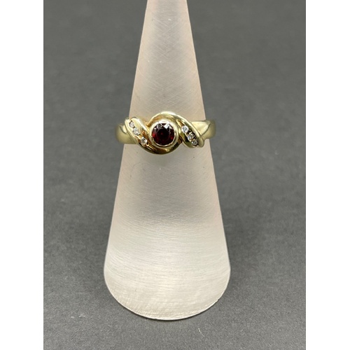 Ladies 9ct Yellow Gold Red Gemstone and Diamonds Ring