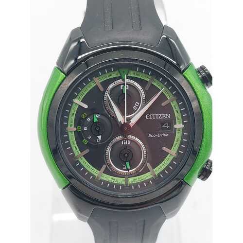 Citizen CA0289-00E Eco-Drive Chronograph Men’s Black Green Watch 10 Bar WR