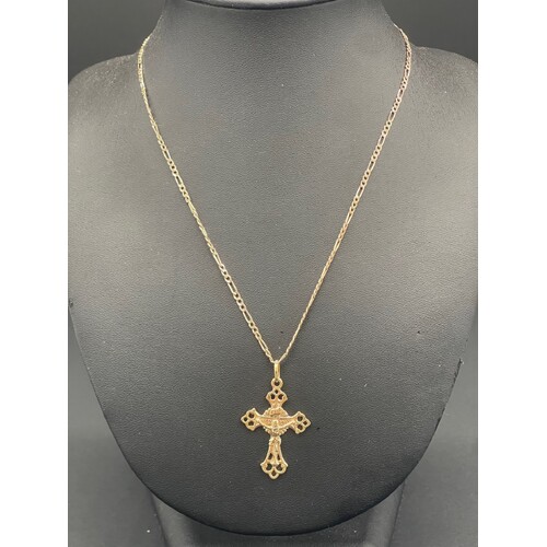 Unisex 9ct Yellow Gold Figaro Link Necklace & Crucifix Pendant (Pre-Owned)