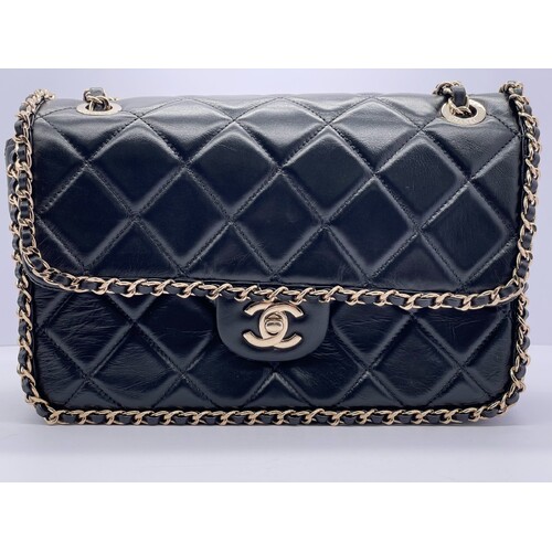 Black Quilted Quilted Calfskin Medium Running Chain Around Flap Handbag