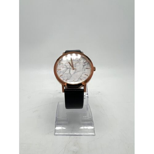 Christian Paul Rose Gold Stainless Steel Marble Finish Black Leather Band Watch