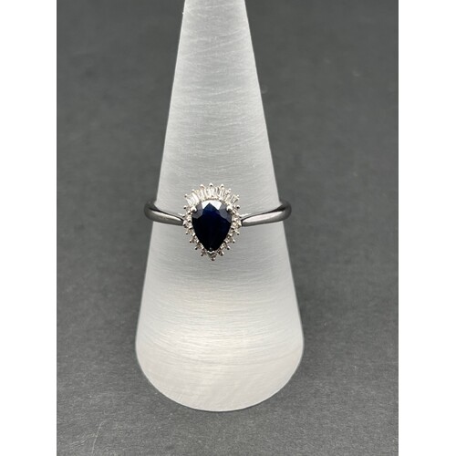 Ladies 9ct White Gold Pear Shape Blue Sapphire and Diamond Ring