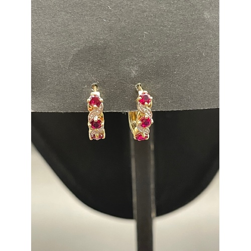 Ladies 9ct Yellow Gold Red Gemstone Huggie Hoop Earrings