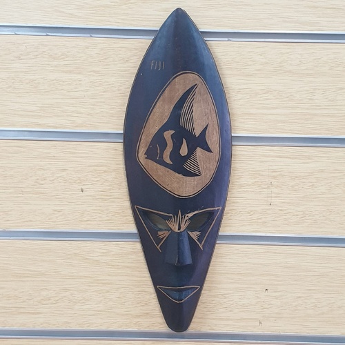 Fiji Wooden Tribal Mask Ornamental Wall Art Carved Fish Design 49cm