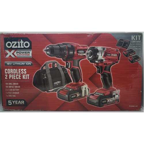 Ozito Power Xchange 18V Lithium-Ion Cordless 2 Piece Kit PXDDK-301
