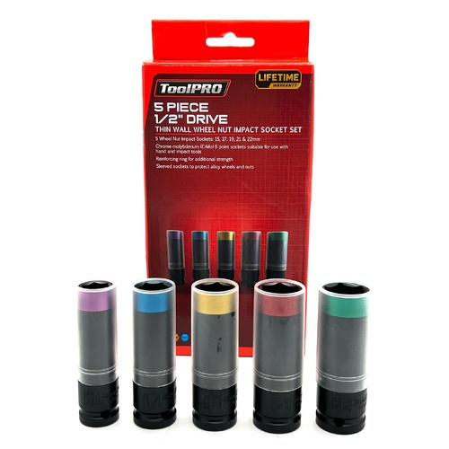 ToolPRO 5 Piece 1/2 Inch Drive Thin Wall Wheel Nut Impact Socket Set 697421