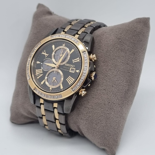 Seiko Solar Chronograph V172-0AV0 Two Tone Crystal Bezel 100m WR Watch