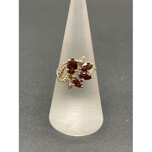 Ladies 9ct Yellow Gold Red Gemstones and Diamonds Ring