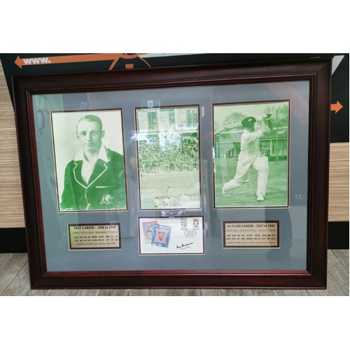 Sir Donald Bradman Signed Framed Tribute 3 Photos 2 Stamps and Career Highlights