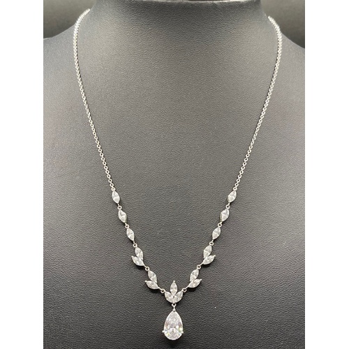 Ladies 925 Sterling Silver Belcher Link CZ Droplet Necklace