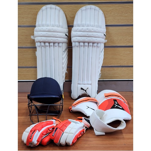 Puma Mens Senior Evo Cricket Gear Pads Gloves Thigh Guard and Masuri Helmet
