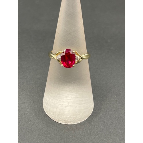 Ladies 9ct Yellow Gold Red Gemstone and Diamonds Ring