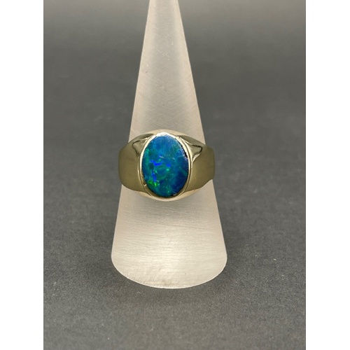 Mens 9ct Yellow Gold Blue Opal Ring