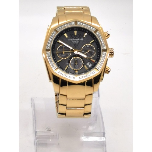 Michael Hill Mens Diamond Chronograph Solar Watch 1/2 Carat Gold Stainless Steel