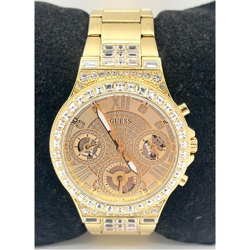 GUESS Ladies Gold Tone Crystal Set Multifunction Watch GW0320L2 36mm