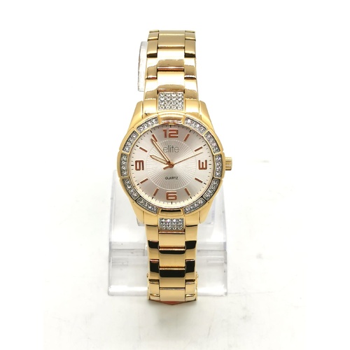 Elite Ladies Gold Tone Stone Set Analog Watch 5080035 with Tin Case