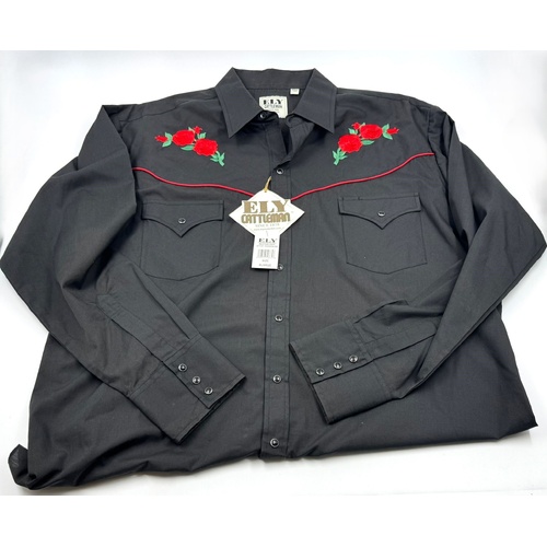 Ely Cattleman Western Shirt XL Black Embroidered Rose Pearl Snap 15203954-BK
