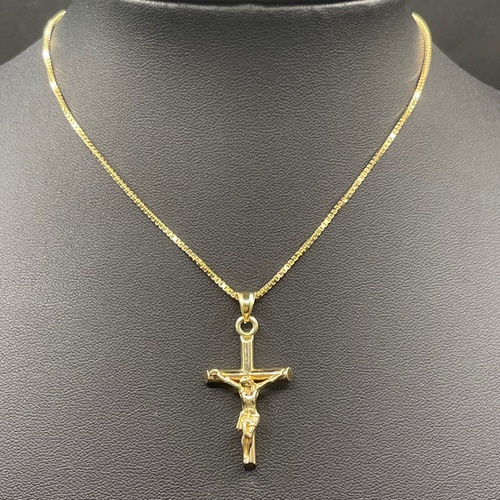 Unisex 14ct Yellow Gold Box Link Chain & Crucifix Pendant