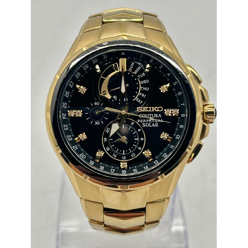 Seiko V198-0AB0 44mm Gold Plated Diamond Coutura Solar Perpetual Watch