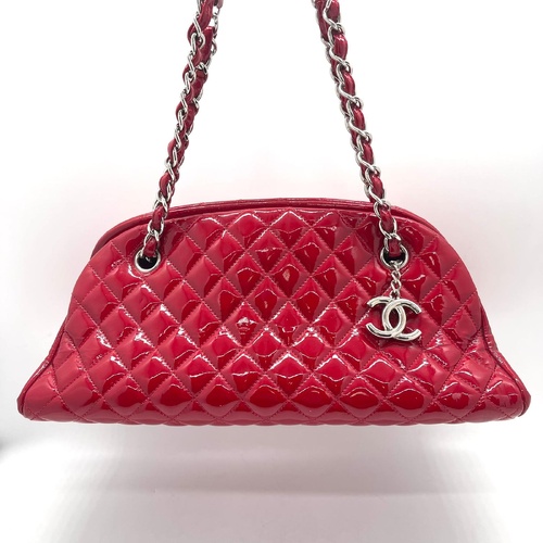 Chanel Red Quilted Patent Leather Just Mademoiselle Bowling Shoulder Bag