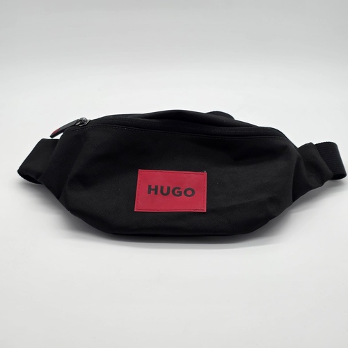 Hugo Mens Waist Belt Bag Black Matte Fabric with Red Logo