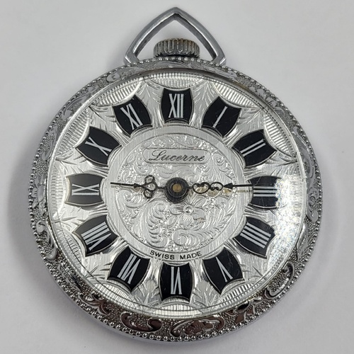 Ladies Lucerne Swiss Made Pocket Watch Silver Tone Vintage Ornate Design