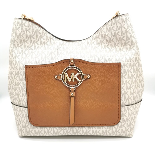 Michael Kors Vanilla Zip Pocket Handbag Signature Canvas Leather Trim