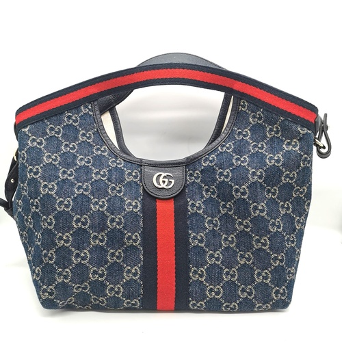 Gucci Giglio Small Tote Blue and White GG Denim Tea Leather Strap