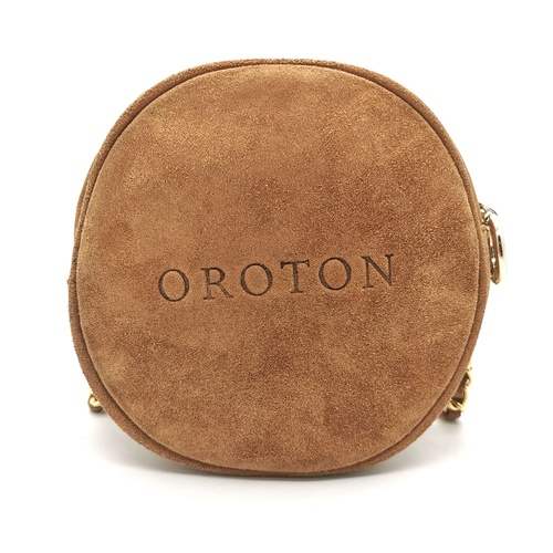 Oroton Suede Round Shoulder Bag Chain Strap Emblem Design Vintage Style