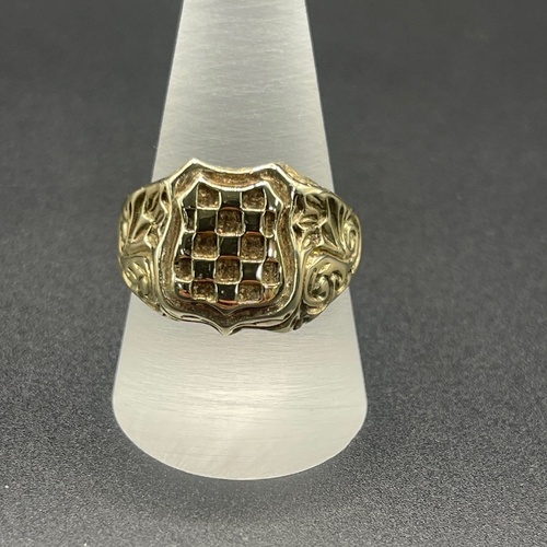 Mens 9ct Yellow Gold Checkered Shield Ring