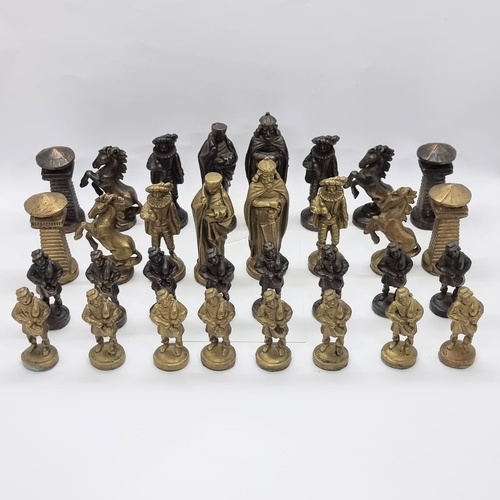 Vintage Metal Chess Set Brass Bronze Chessmen 32 Piece Mid Century