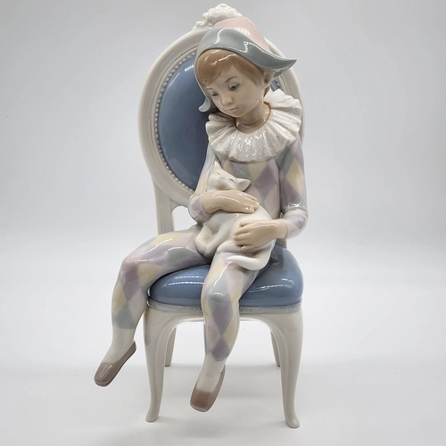Lladro 1229 Young Harlequin Porcelain Figurine Retired Boy with Cat on Chair