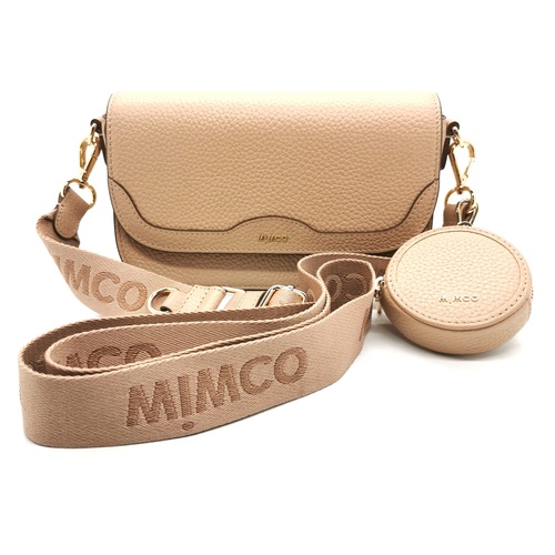 Mimco Jett Flapover Crossbody Pebbled Leather Shoulder Bag Almond