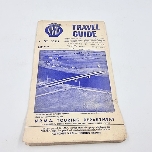 1972 NRMA Travel Guide Richmond to Adelaide via Sturt Highway Vintage Map