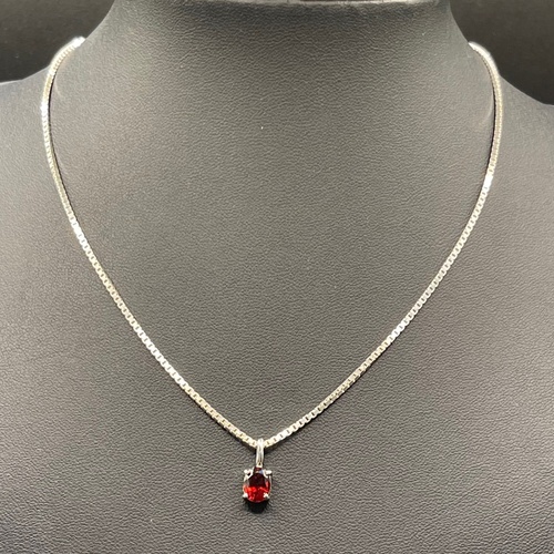 Ladies 925 Sterling Silver Box Link & Red Gemstone Necklace