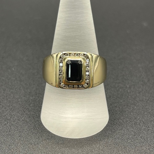 Mens 9ct Yellow Gold Black Gemstone and Diamonds Ring