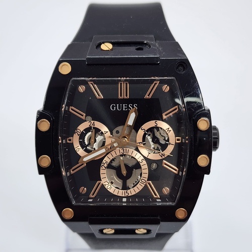 Guess Mens Rose Gold Black Silicone Multifunction Skeleton Dial Watch GW0203G8