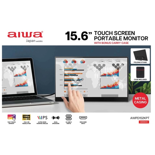 Aiwa 15.6 Inch Touchscreen Portable Monitor AWPD152KPT with Bonus Carry Case