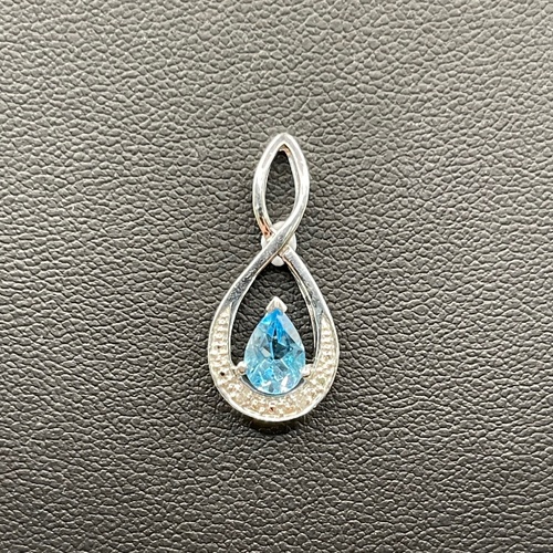 Ladies 10ct White Gold Blue Gemstone & Diamond Droplet Pendant