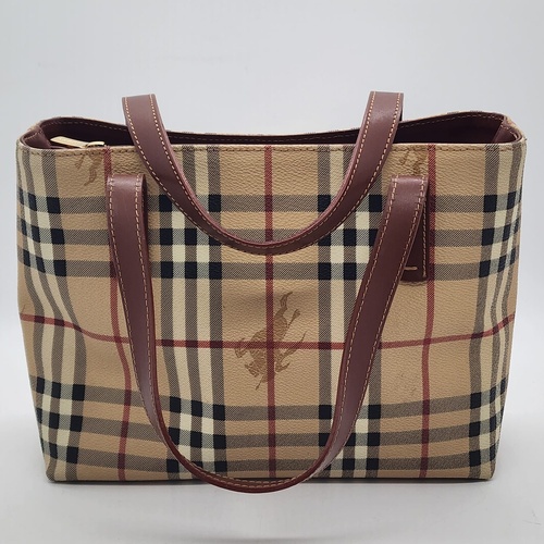 Burberry Haymarket Nova Check Coated Canvas Tote Bag with Brown Leather Trim